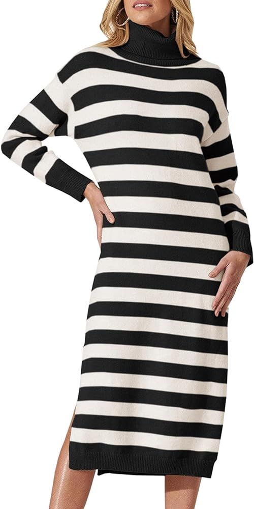 MITILLY Women's Striped Sweater Dresses 2023 Fall Turtleneck Long Sleeve Side Slit Oversized Knit... | Amazon (US)