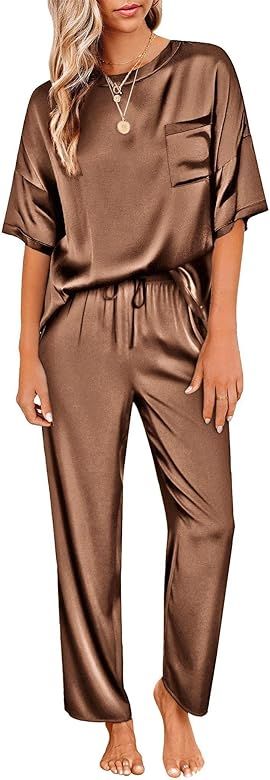 Womens Satin Silky Pajama Set Short Sleeve Shirt with Long Pajama Pant Set Soft PJ Loungewear | Amazon (US)