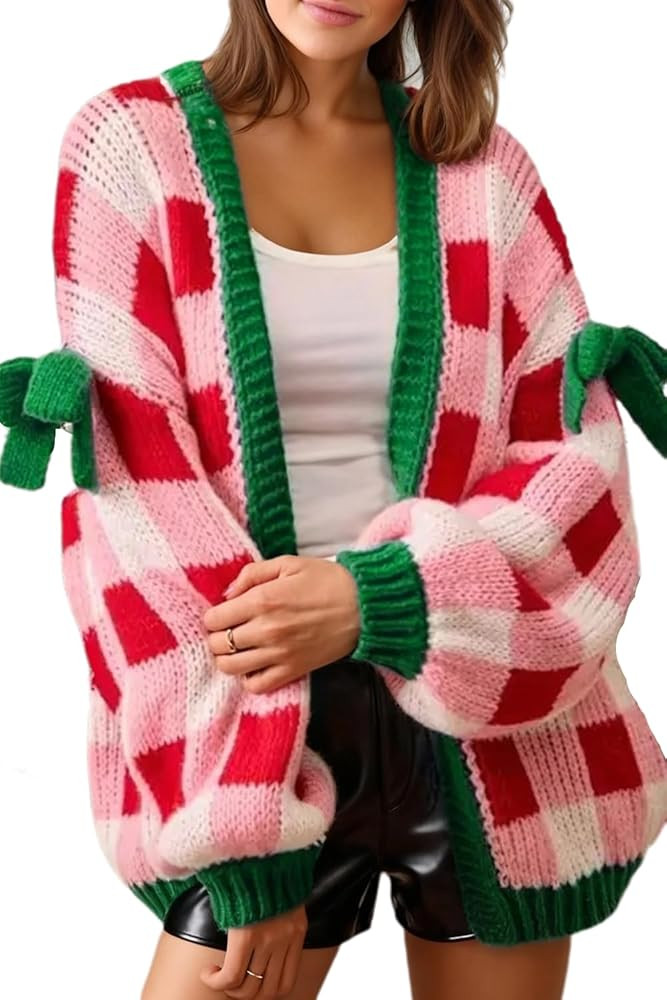 Women's Plaid Knit Bow Knot Decor Open Front Sweater Cardigan Checkered Oversized Chunky Knit Swe... | Amazon (US)