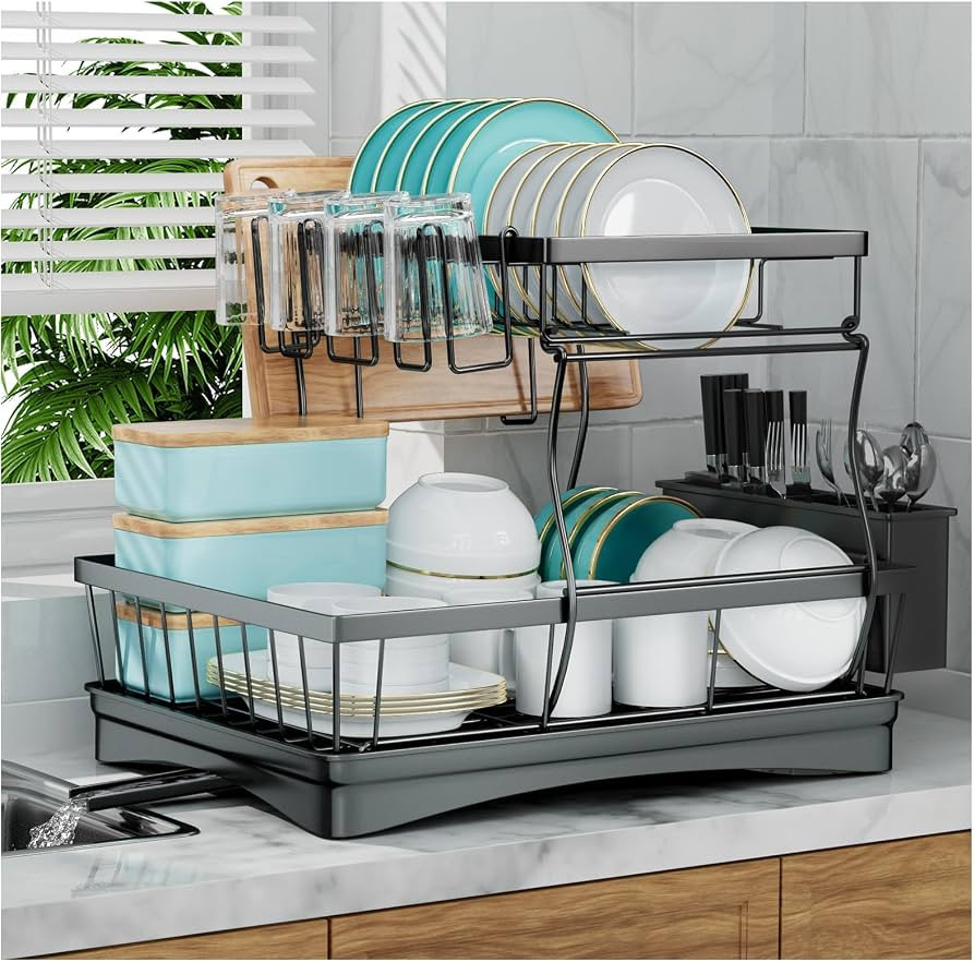 7 code 2-Tier Large Dish Drying Rack for Kitchen Counter, Black | Amazon (US)