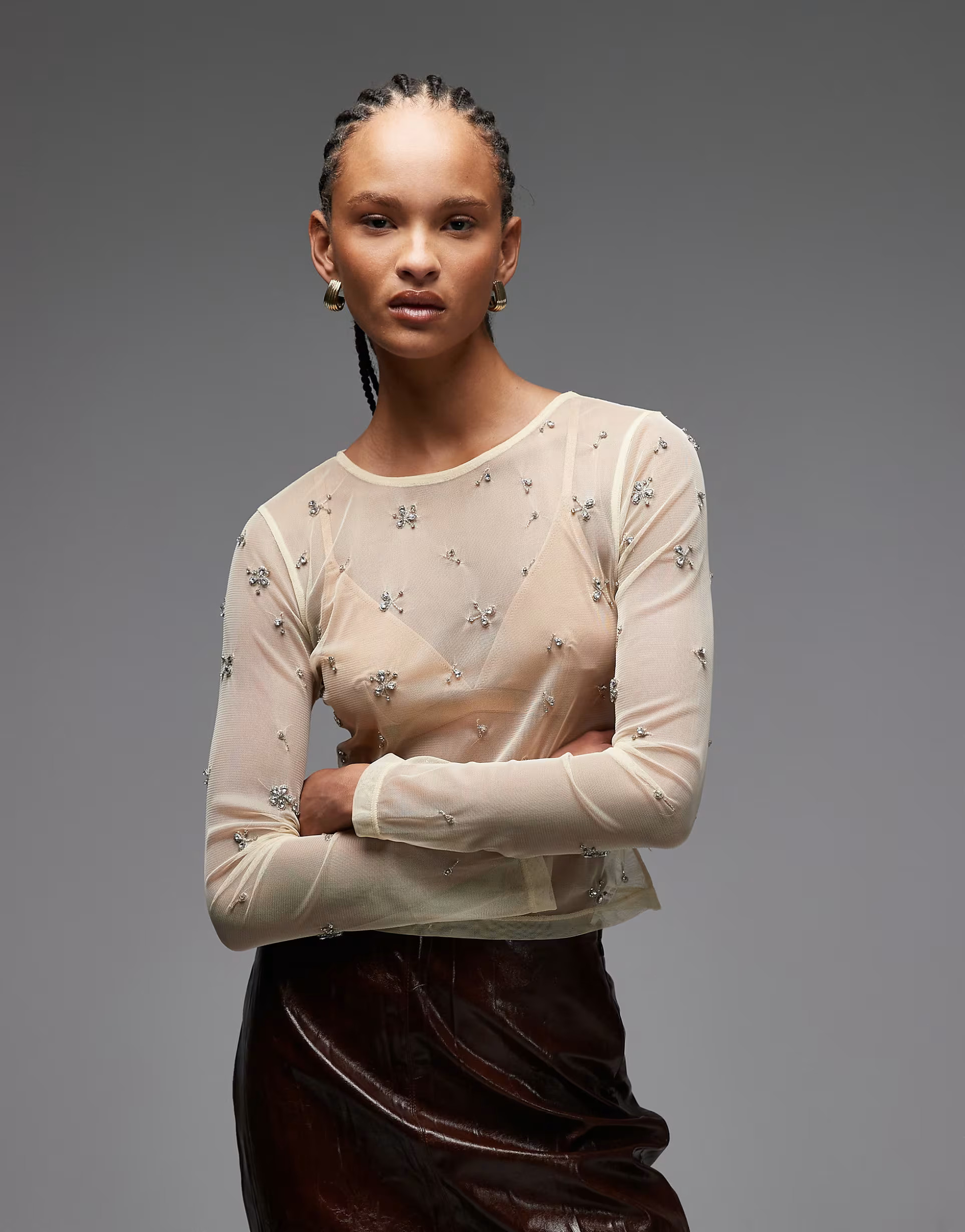 ASOS DESIGN scatter embellished sheer mesh long sleeve top in cream | ASOS | ASOS (Global)