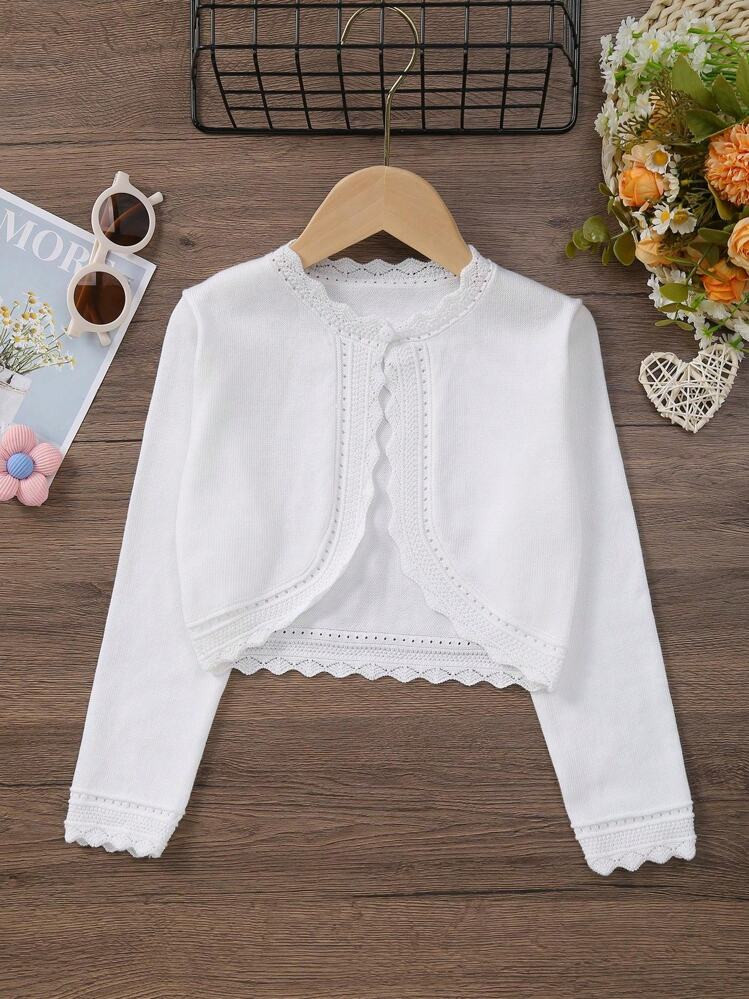 Young Girl Elegant Solid Color Long Sleeve Hollow Out Knitted Cardigan, Autumn | SHEIN