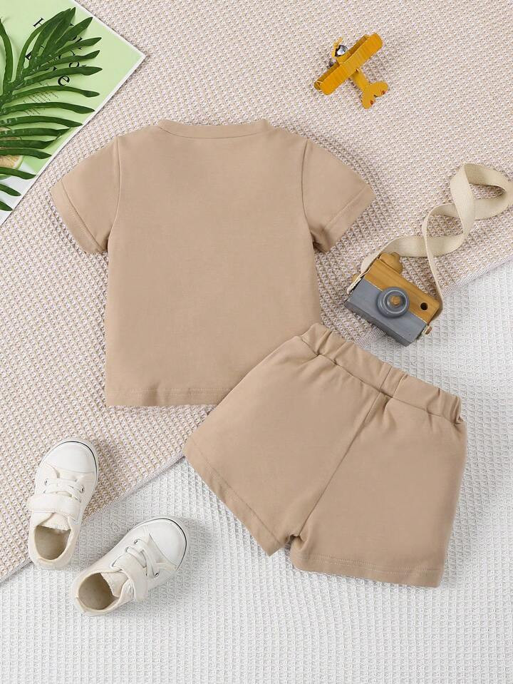 Flower Pattern Grey Embossed Street Fashion Baby Boy Outfit With Raised Texture Khaki For Baby Bo... | SHEIN