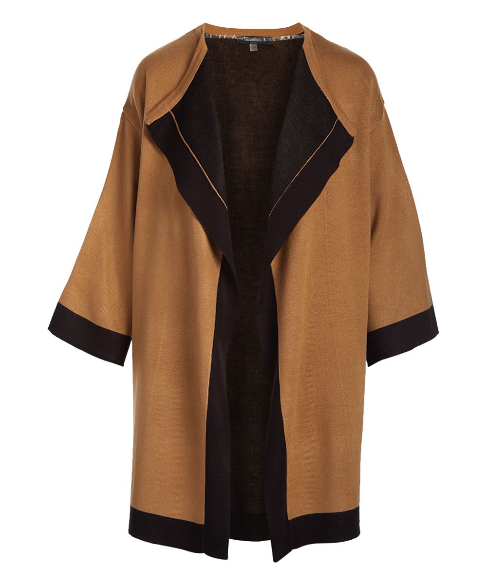 Camel & Black Contrast-Trim Open Cardigan - Women | zulily