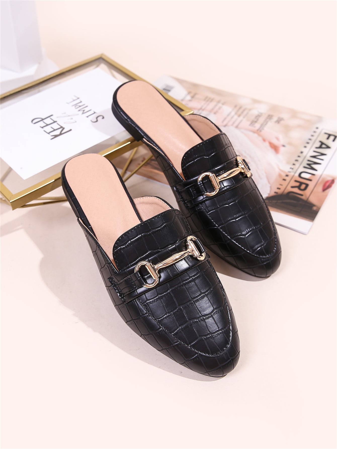 Horsebit Decor Crocodile Embossed Loafer Mules, Black Elegant Pure Metallic Alligator Pattern Wom... | SHEIN