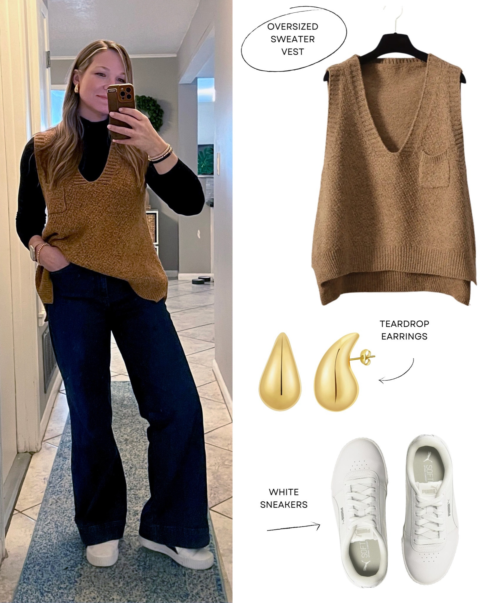 Oversized sweater vest outfit with black turtleneck and wide leg trouser jeans. 


#LTKover40 #LTKworkwear #LTKSeasonal