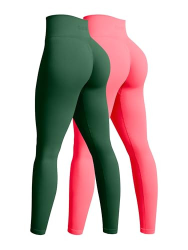 OQQ Women's 2 Piece Yoga Legging Seamless Workout High Waist Butt Liftings Athletic Leggings DarkGreen Fluorescent Pink A | Amazon (US)