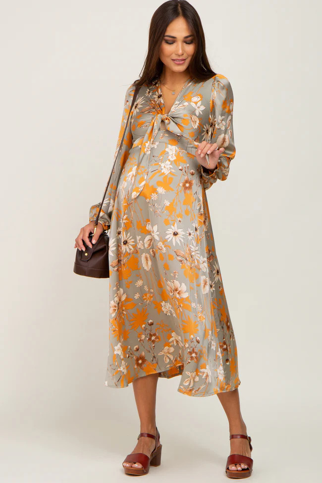 Sage Floral Front Tie Satin Maternity Midi Dress | PinkBlush Maternity