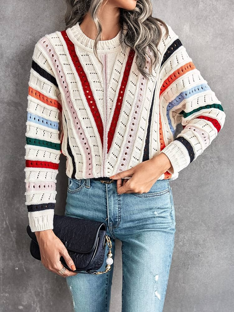 Block Striped Pattern Pointelle Knit Batwing Sleeve Sweater (Color : Multicolor, Size : Medium) | Amazon (US)
