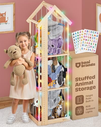 ToAIBrands Stuffed Animal Zoo Storage Cage | Wooden Plush Tower Storage | Durable Plush Toy Stuffie Holder | Vertical Jail Organizer with Height Ruler, Stickers & RGB Light (Large) | Amazon (US)