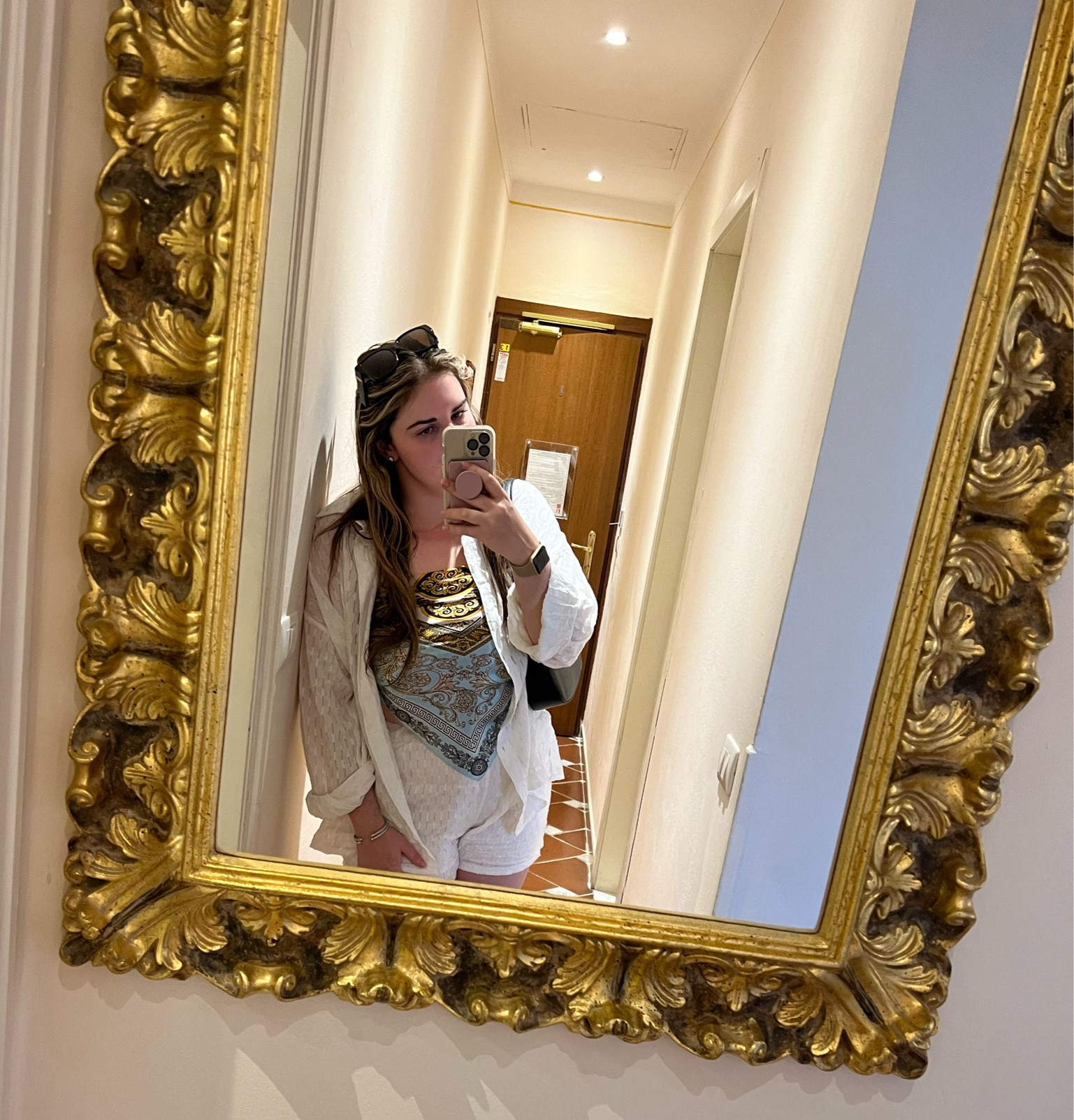 European summer outfit 

White matching set, matching set, matching set outfit, white button down, vacation outfit, midsize outfit, silk scarf, silk scarf top, Italian summer, 