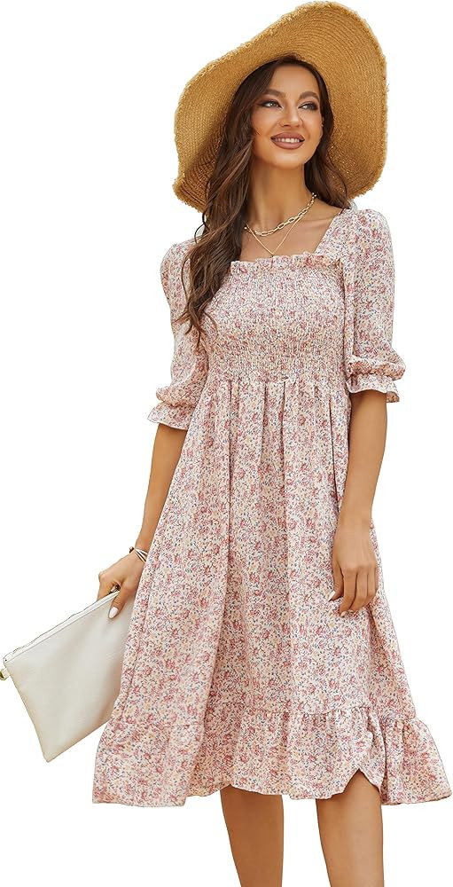 Women's Puff Sleeve Cottagecore Disty Floral Ruffle Shirred Frill Smocked Midi Dress | Amazon (US)
