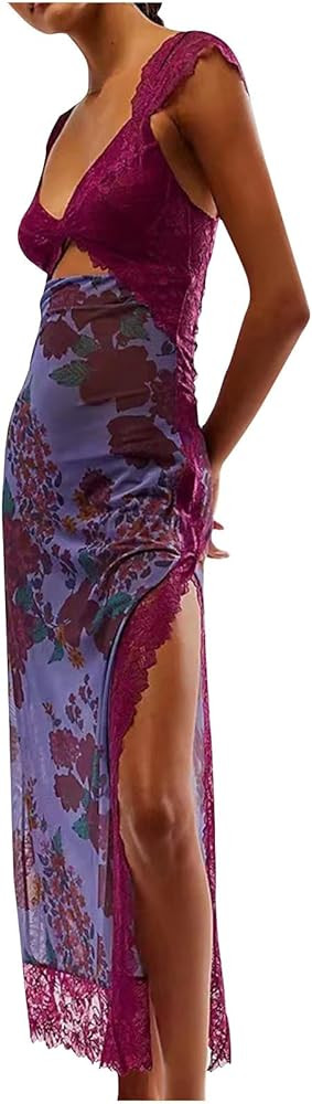 Women Lace Patchwork Floral Maxi Dress Sexy Sleeveless Deep V Neck Tie Up Bodycon Long Dresses fo... | Amazon (US)