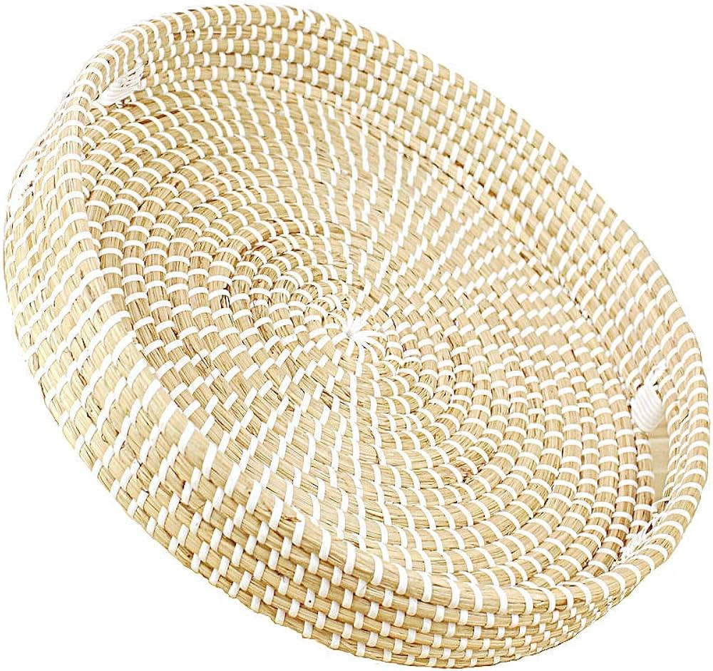 Amazon.com: Natural Seagrass Woven Round Serving Tray with Handles Coffee Table Tray Hand Woven S... | Amazon (US)