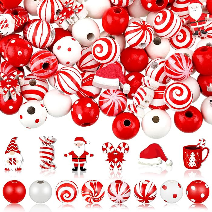 FairySandy 200 Pcs Red White Christmas Wood Bead for Craft Jewelry Making | Amazon (US)