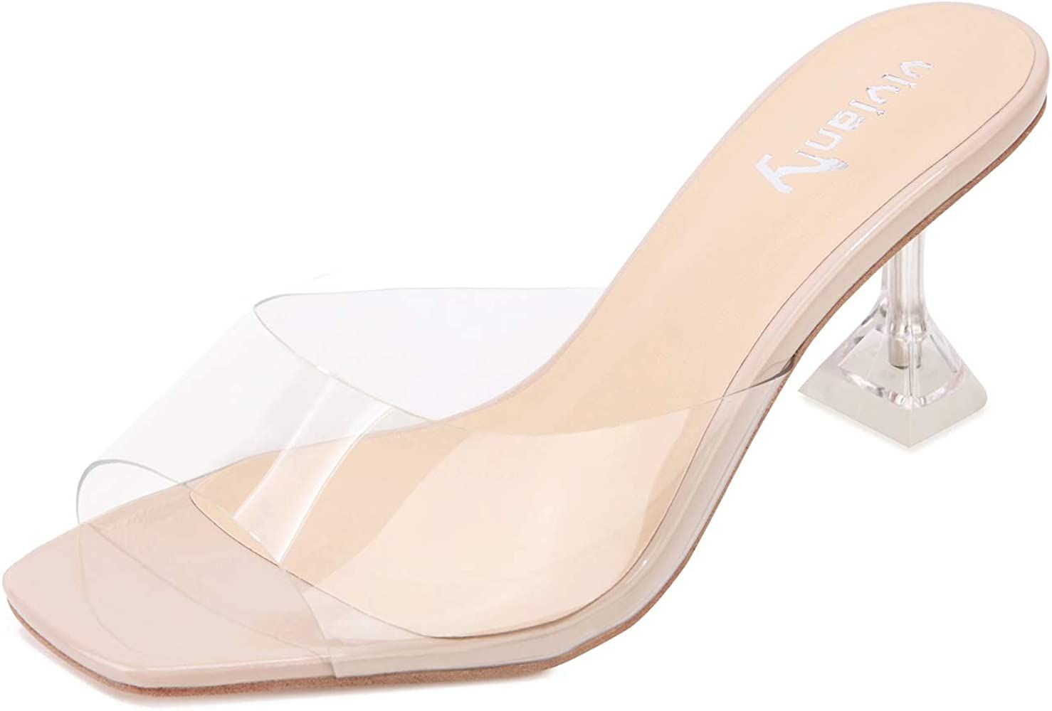 vivianly Womens Clear Heels Sandals Transparent Peep Toe Mules Backless Stiletto High Heels Slip on  | Amazon (US)