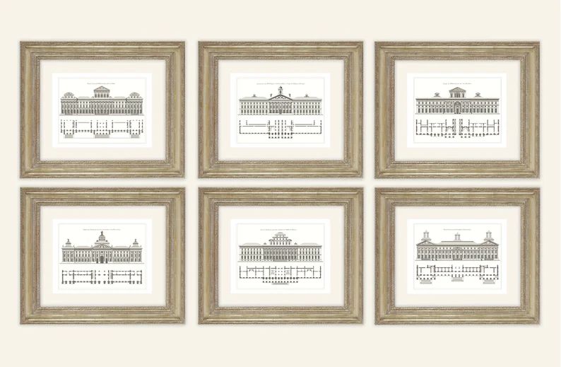 Set of 6 French Architectural Prints of Buildings With Floor Plans in Charcoal Gray on Watercolor... | Etsy (US)