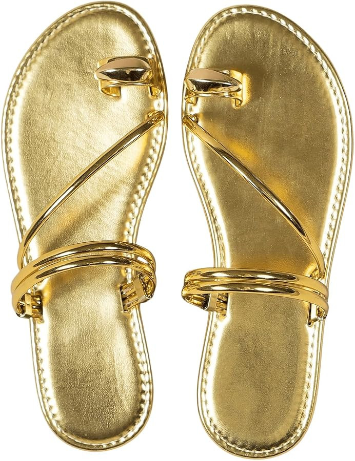 Verdusa Women's Metallic Open Toe Ring Sandals Summer Strappy Flat Sandals | Amazon (US)
