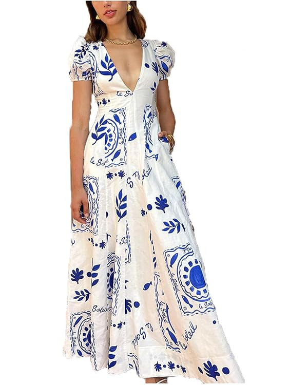 Womens Summer Maxi Dress Puff Short Sleeve Sexy V Neck Floral Casual Dresses with Pockets | Amazon (US)