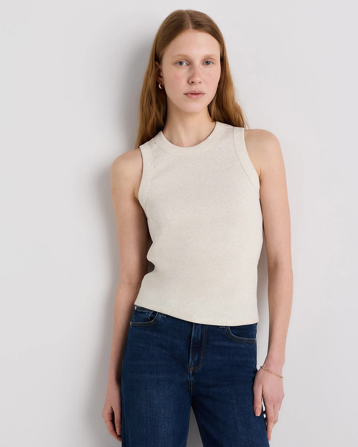 Organic Cotton Micro-Rib Cropped Cutaway Tank in Soft White | Quince