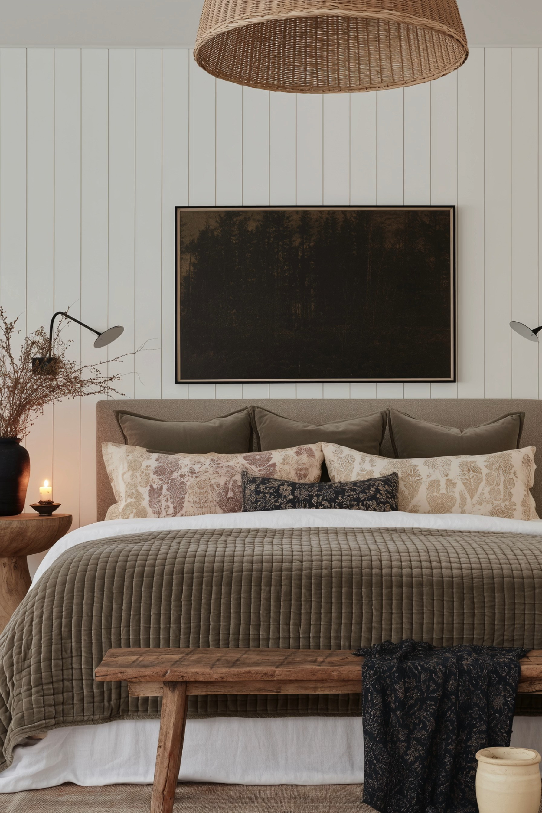 Cozy Earth-Tone Bedroom Inspiration 🤎 This warm, organic bedroom layers olive taupe, creamy white, soft brown, and vintage-inspired patterns for an elevated modern traditional look. The upholstered bed is styled with a plush quilted coverlet, botanical print pillows, and a dark floral lumbar, while white vertical paneling, moody landscape artwork, sculptural wall sconces, a woven rattan pendant, and rustic wood furniture add beautiful contrast and natural texture. A reclaimed-style wood bench, earthy pottery, dried branches, and soft candlelight complete the cozy collected feel—perfect for a fall bedroom refresh. 🖤 If you want to see more content like this, FOLLOW maeveandmodern on LTK, Instagram, and Pinterest! Check out our blog where we post daily, maeveandmodern.com! Fall Bedroom Decor | Cozy Bedroom Ideas | Earth Tone Bedroom | Organic Modern Bedroom | Modern Traditional Bedroom | Olive Green Bedroom | Taupe Bedroom Decor | Neutral Bedding | Quilted Coverlet | Layered Bedding | Botanical Throw Pillows | Floral Pillow | Upholstered Bed | Rustic Wood Bench | Bedroom Bench | Rattan Pendant Light | Woven Lighting | Bedroom Wall Sconces | Moody Landscape Art | White Wall Paneling | Rustic Wood Furniture | Ceramic Pottery | Dried Branch Decor | Warm Neutral Bedroom | English Country Bedroom | Designer Bedroom Inspiration #LTKFindsUnder100

#LTKHome #LTKSaleAlert #LTKSeasonal