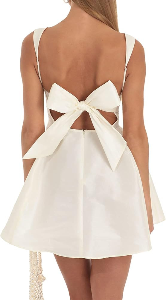 Yuemengxuan Women Bow Tie Mini Dress Sexy Backless Sleeveless Spaghetti Strap Flowy Short Dresses... | Amazon (US)