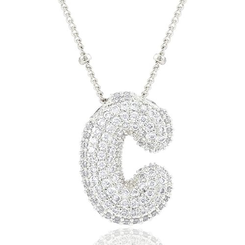 CCINPPY Letter Necklace, 14k Gold Plated Bubble Balloon Dainty Necklace for Women, Chunky Initial Charm Pendant Name Necklace Personalized, Silver, Letter C | Amazon (US)
