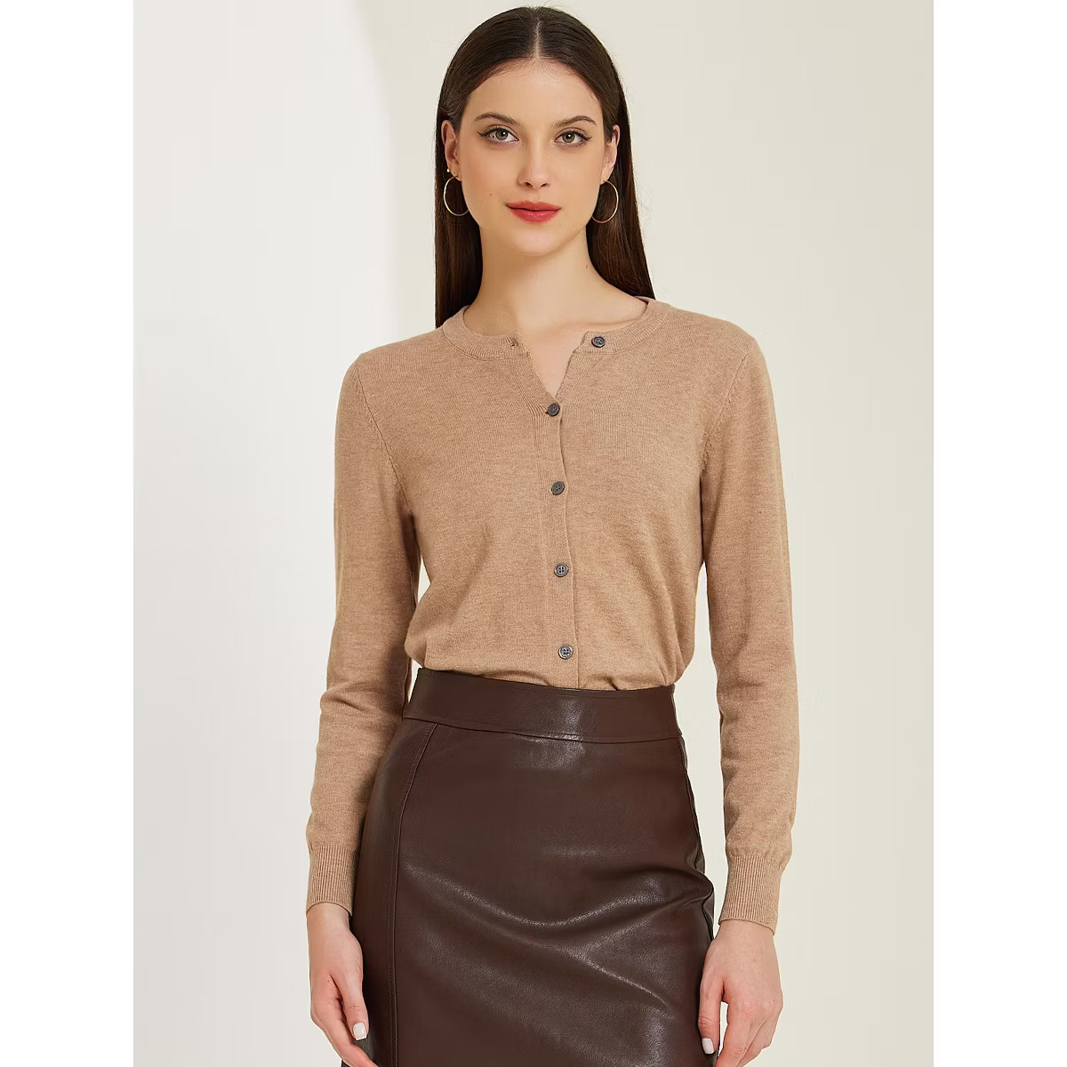 Allegra K Women's Lightweight Crewneck Button Down Long Sleeve Sweater Cardigan Beige Large | Target