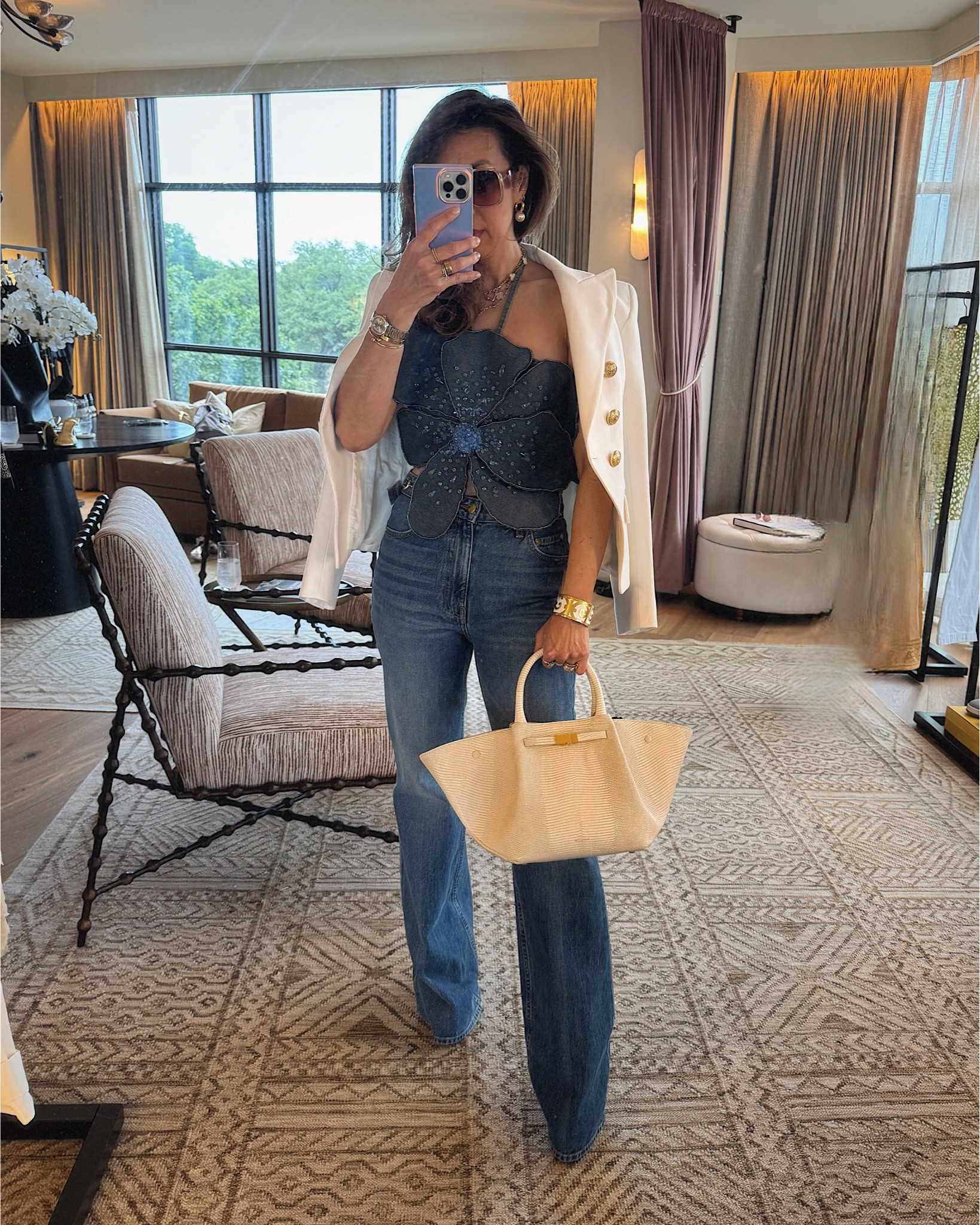 Style of Sam wearing double denim - patbo flower top & jeans #styleofsam 

#LTKItBag #LTKSummerEdit #LTKOver40