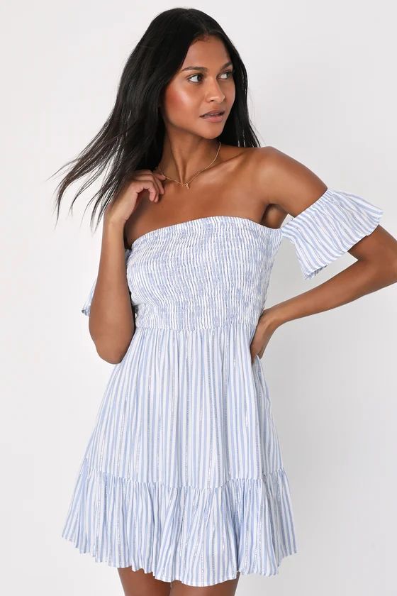 Darling Romantic Blue Striped Smocked Off-the-Shoulder Dress | Lulus (US)