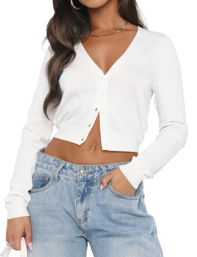 Women's Long Sleeve Fall Tops Cropped Lightweight Cardigan Sweater Button Down Shirt 2025 Trendy Tops White S | Amazon (US)