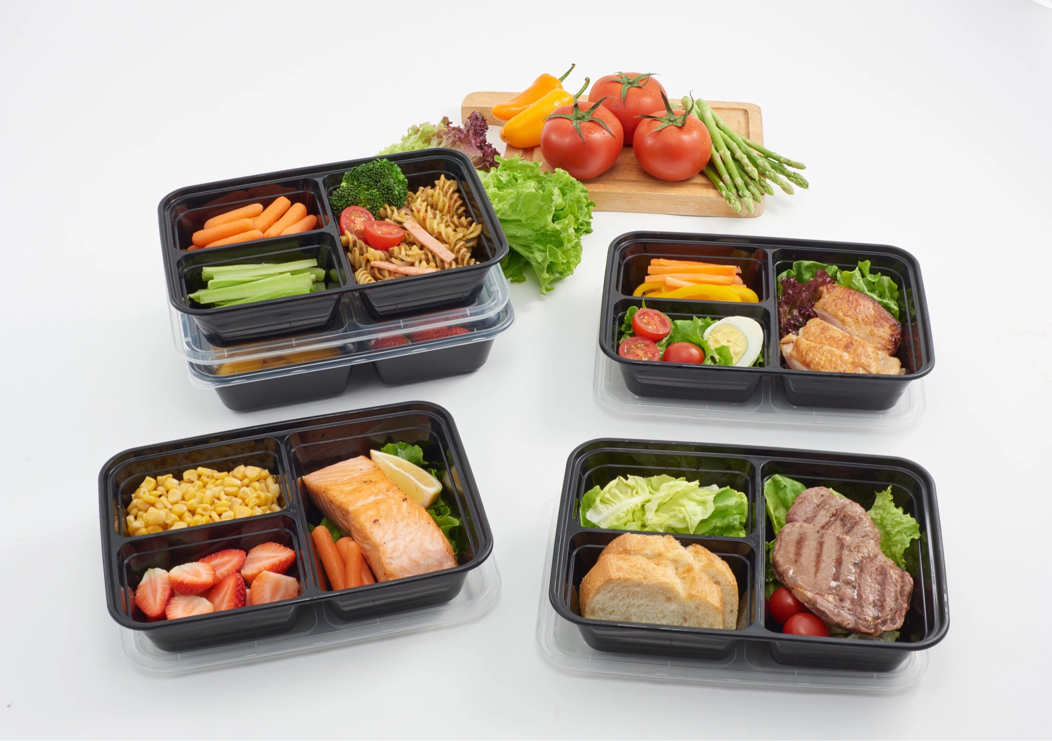 Mainstays 5PK 3-Compartment Rectangular Meal Prep Container, Clear Lids & Black Containers, 5 Cup