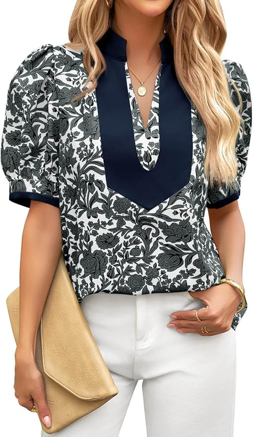 Cicy Bell Womens Floral Short Puff Sleeve Tops V Neck Patchwork Boho Summer Blouses Dressy Casual... | Amazon (US)