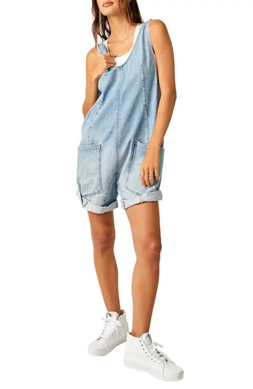 Free People High Roller Denim Short Overalls in Bright Eyes at Nordstrom, Size Large | Nordstrom