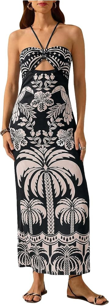 SHENHE Women's Tropical Print Halter Maxi Dress Cutout Tie Backless Split Hem Boho Sundress | Amazon (US)
