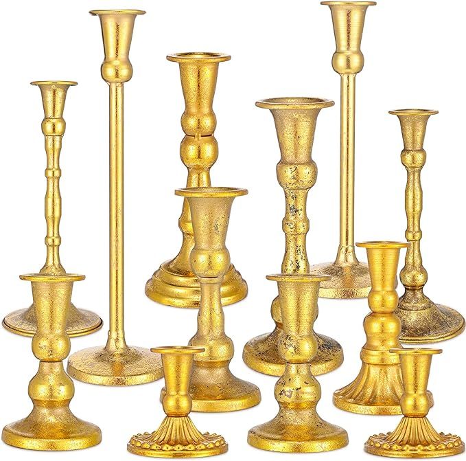 Gandeer Set of 12 Mixed Vintage Taper Candle Holders Antique Candlestick Holders Gold Candle Stan... | Amazon (US)