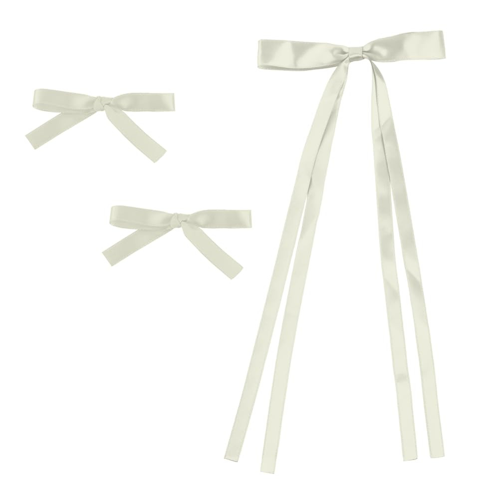 Women's Satin Hair Bows, Set of 3, 1 Hair Clip with Long Tails, 2 Hair Bows with Short Tails (Ivory) | Amazon (US)