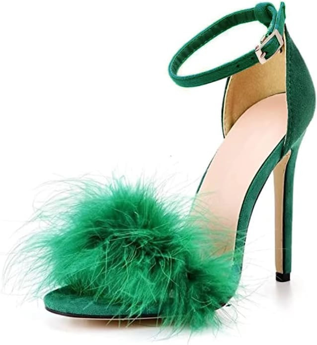 Amazon.com | MMJULY Women's Open Toe Ankle Strap Fluffy Feather Stiletto High Heel Dress Sandal |... | Amazon (US)