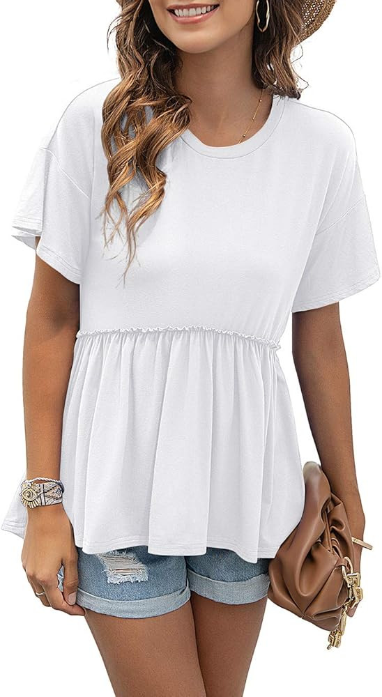 TASAMO Women's Loose Ruffle Hem Short Sleeve High Low Peplum Blouse Top | Amazon (US)
