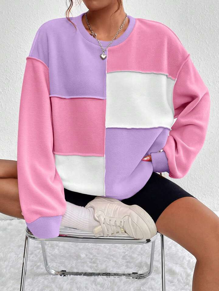 Colorblock Top-stitching Drop Shoulder Sweatshirt | SHEIN