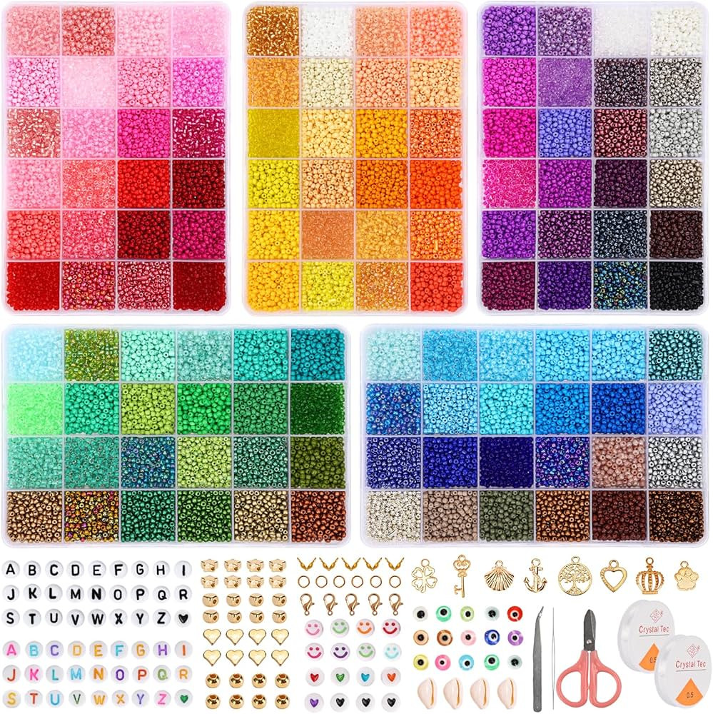 QUEFE 36000pcs 3mm Glass Seed Beads120 Colors Bracelet Making Kit Friendship Bracelet Kit with Le... | Amazon (US)
