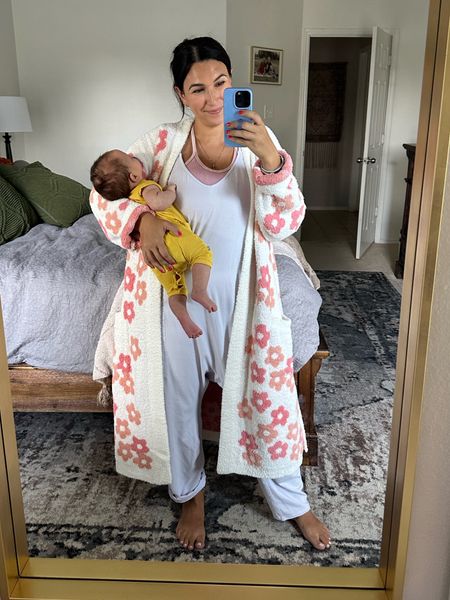 Casual outfit & robe 

Onesie: free people hot shot - wearing a medium! Great for postpartum 👏🏼
Bra: free people ribbed bra 
Earrings: kendra Scott heart studs 
Robe: wearing a L/XL
Baby outfit: Kyte baby - sharing similar prints in the same style

Nursing friendly

#LTKbaby #LTKunder50