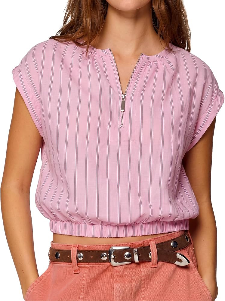 Womens Tops Cotton Zip Front Blouses V Neck Short Sleeve Shirts Summer Casual Work Lines Spring T... | Amazon (US)