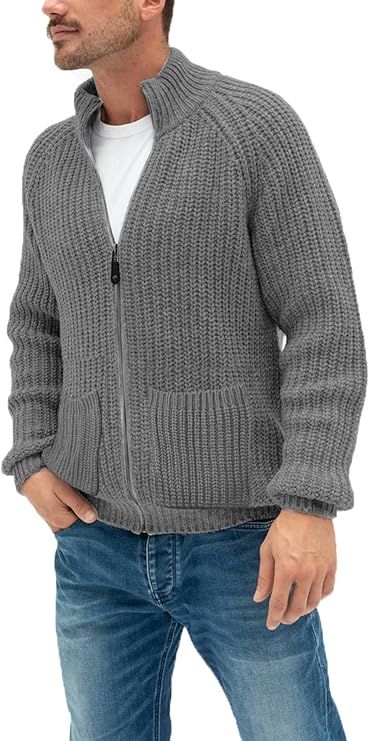 Aoysky Men's Knitted Sweater Coat Casual Athletic Thick Stand Collar Knitwear Zip Cardigan Jacket | Amazon (US)