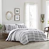 Brielle Quartz Striped Cotton Gauze Comforter Set, Grey/White, Twin/Twin XL, White & Grey | Amazon (US)