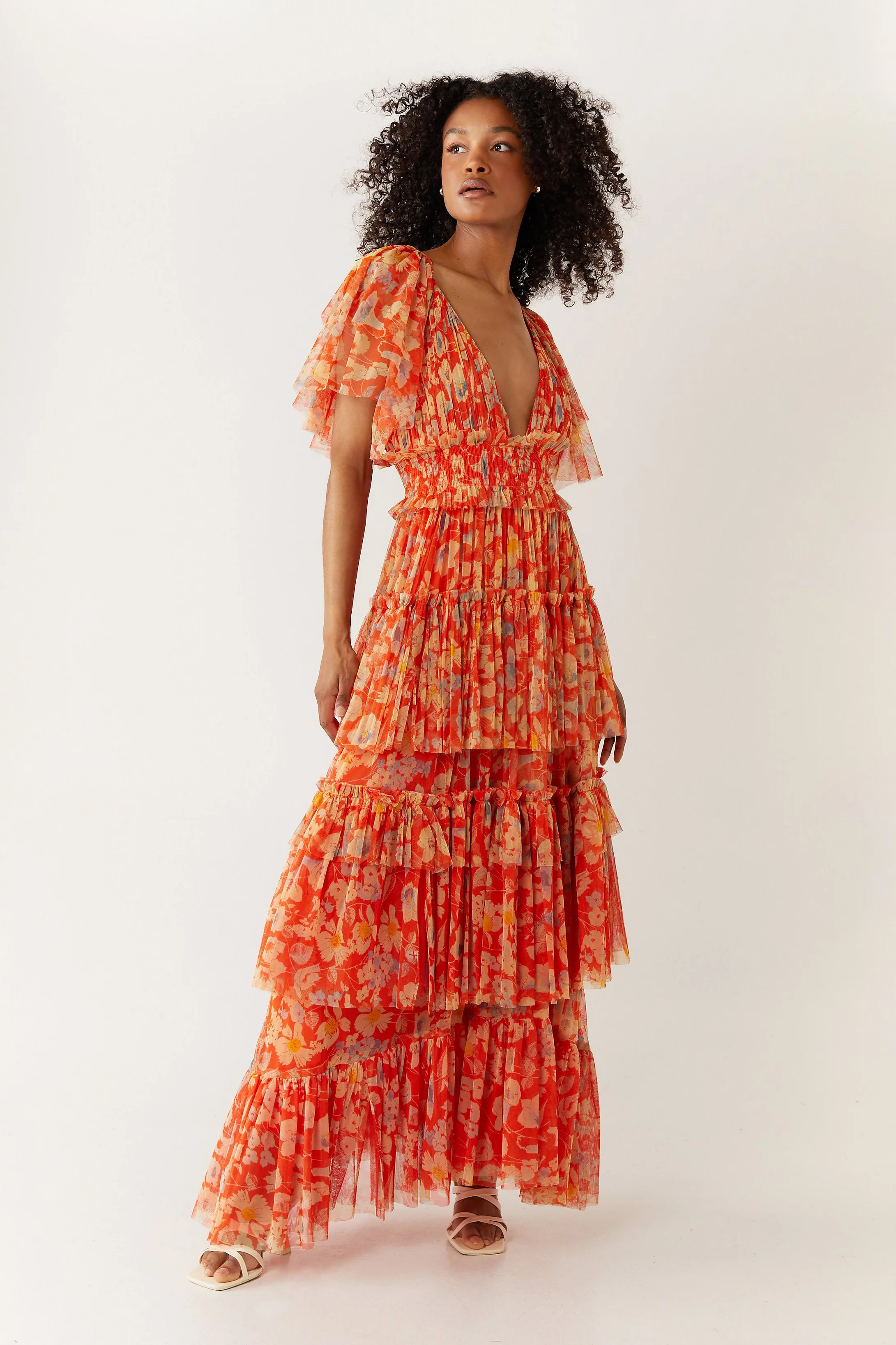 Floral Printed Tulle Plunge V Neck Maxi Dress | Warehouse UK & IE