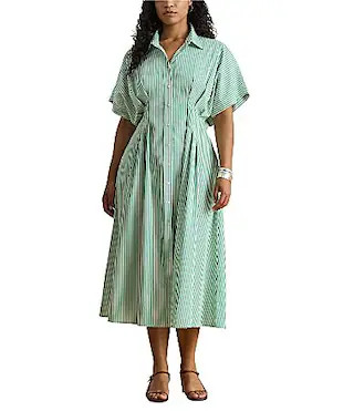 Lauren Ralph Lauren Plus Size Cotton Broadcloth Stripe Point Collar Short Sleeve Pleated Midi Shirtdress - 18W | Dillard's