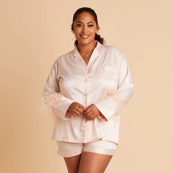 Short Satin Feathered Pajama Set - Blush | Birdy Grey