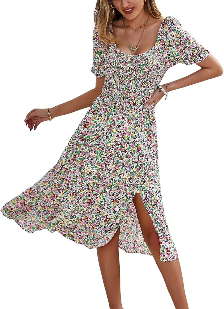 Raikamitu Women's Summer Smocked Midi Dress Ditsy Floral Print Casual a Line Square Neck Short Puff  | Amazon (US)