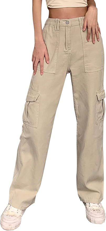 FEOYA Women's Low Rise Y2K Jeans Straight Leg Harajuku Cargo Work Denim Pants Cool Streetwear | Amazon (CA)